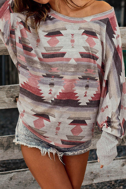 Retro Western Aztec Print Long Sleeve Top