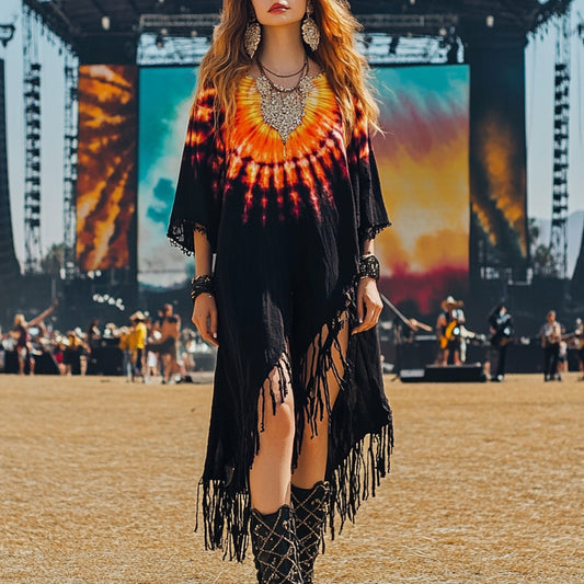 Coachella Music Festival Rock Rave Party Tie-Dye Ruffle Floral Fringed Lace Vintage Dress