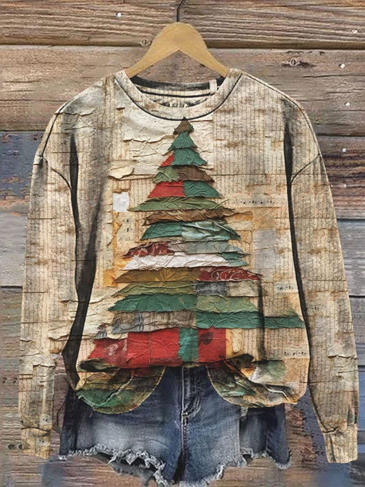 Vintage Christmas Tree Paper Patchwork Art Casual  Sweatshirt