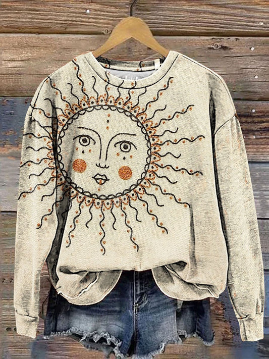 Vintage Sun Face Print Casual Sweatshirt