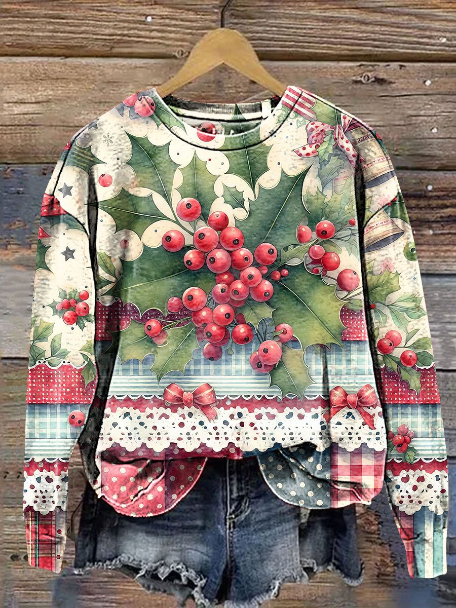 Christmas Lace Red Fruit Vintage Art Print Casual Sweatshirt