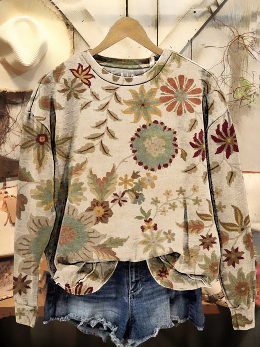 Retro Floral Pattern Casual Sweatshirt