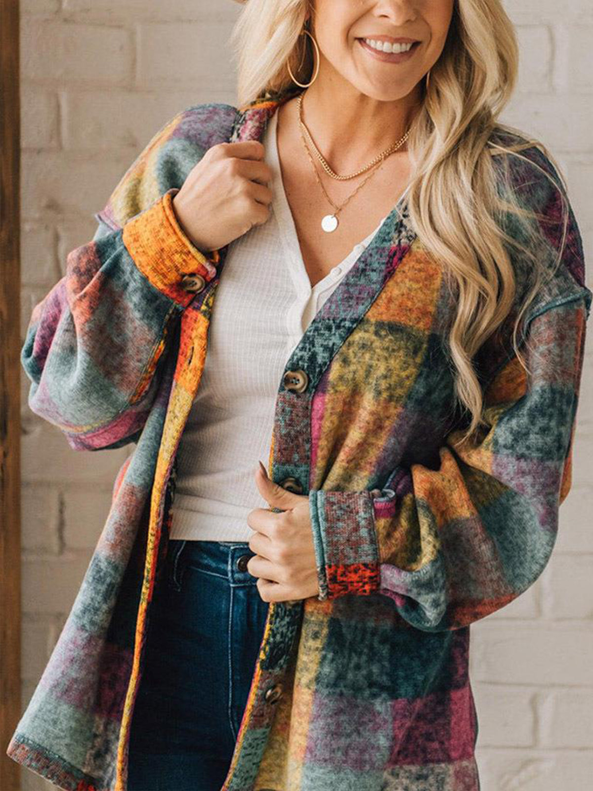 Women's Fleece Thermal Coat Western Multicolor Plaid Loose Jacket