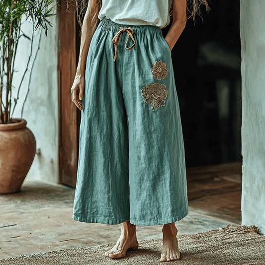 Women's Linen Breathable Wide-leg Ethnic Floral Cropped Pants