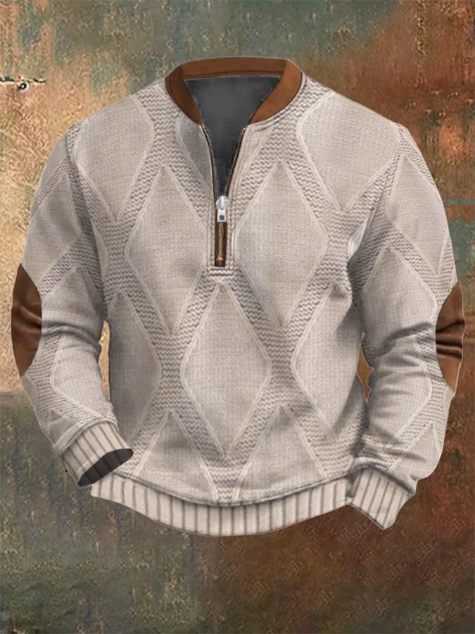 Men's Vintage Western Knitting Print Zipper Stand Collar Casual Sweatshirt