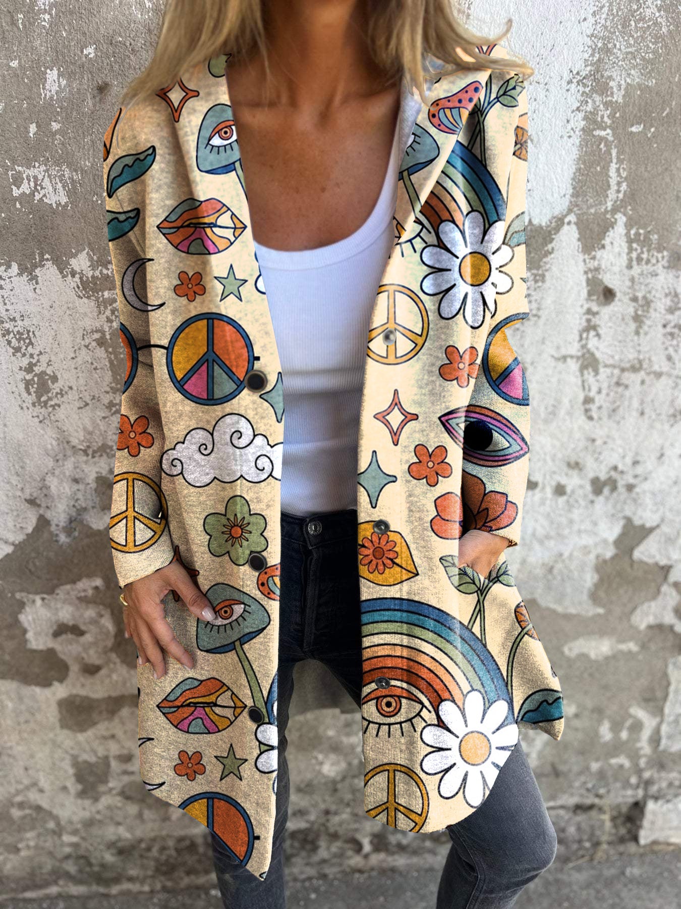 Retro Psychedelic Hippie Print Button Hooded Jacket