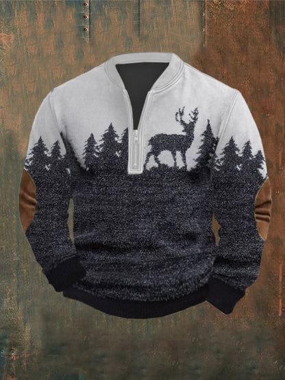 Men's Vintage Western Elk Knit Print Zipper Stand Collar Casual Sweatshirt