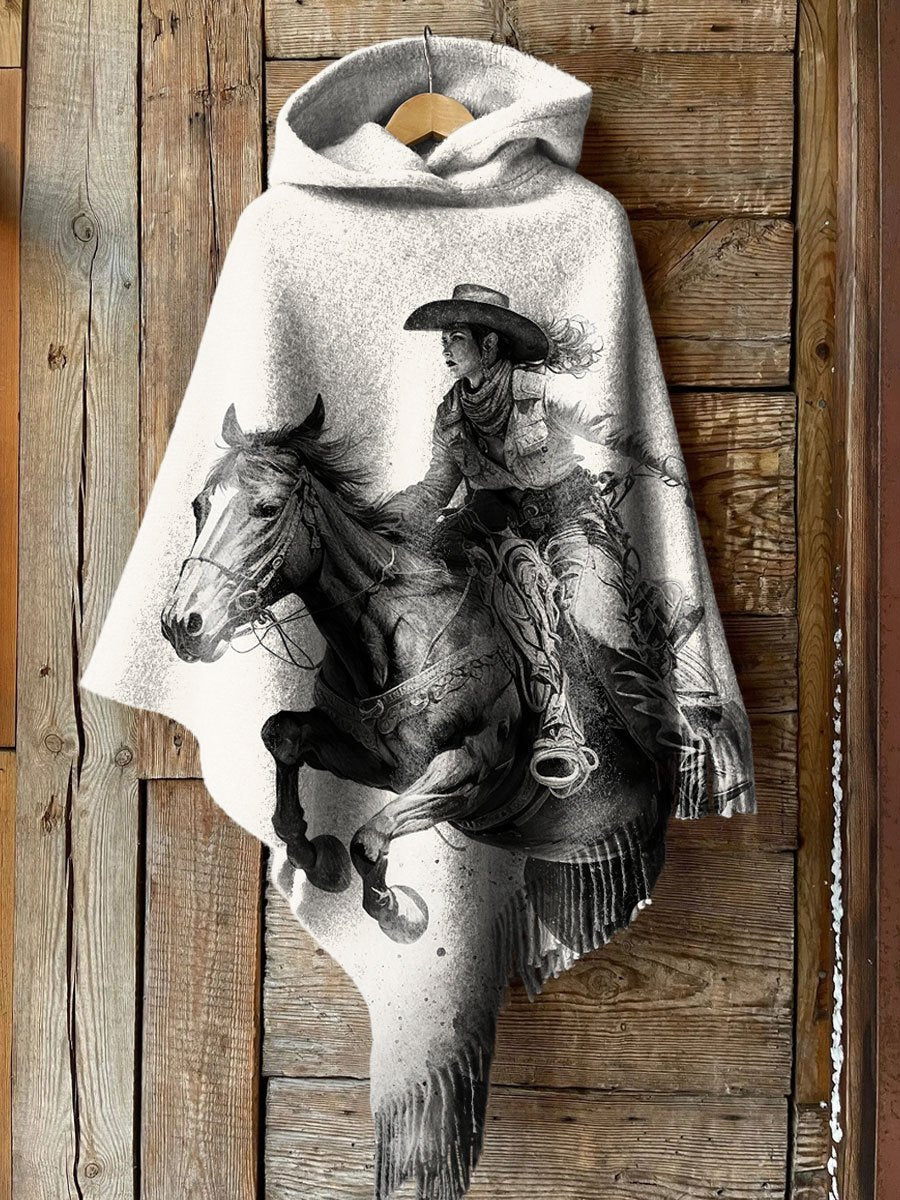 Women's Vintage Art Print Casual Knitted Blanket Poncho Hood Cape