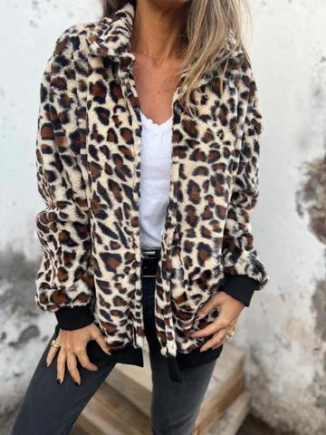 Women's Lapel Leopard Print Long Sleeve Thick Coat