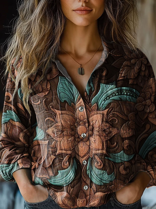 Women's Brown Retro Floral Print Casual Long Sleeve Comfortable Cotton Shirt