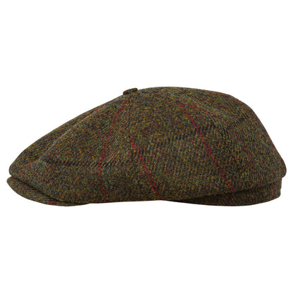 PEAKED CAPS Genuine Scottish Harris Tweed 8 Panels Man Cap Wool Large Crown GREEN-RED