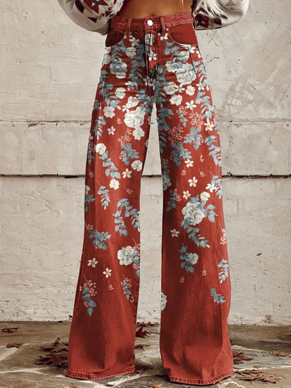 Women's Vintage Botanical Floral Wide Leg Pants