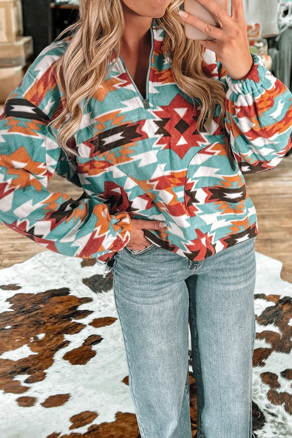 Aztec Sherpa Fleece Zip-up Pullover Sweatshirt