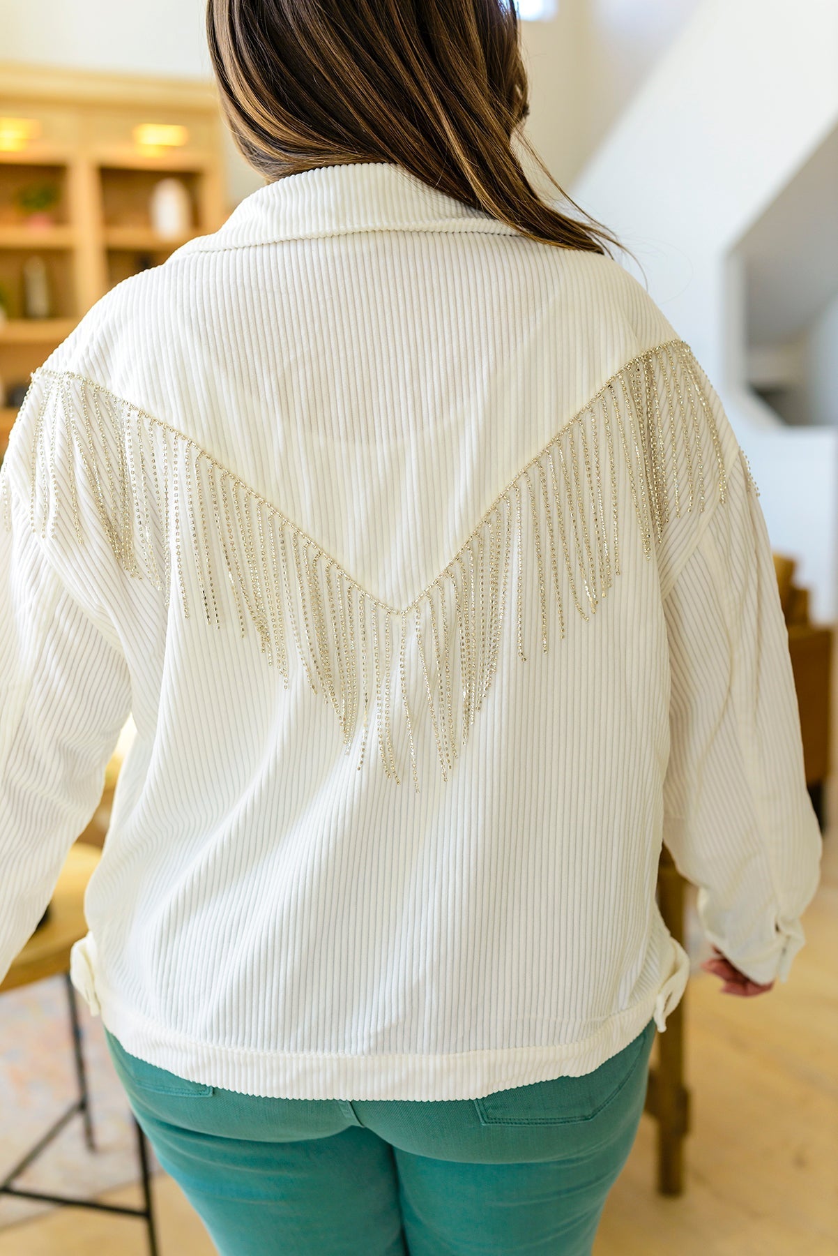 Rhinestone Fringe Corduroy Jacket   Medium or 1X