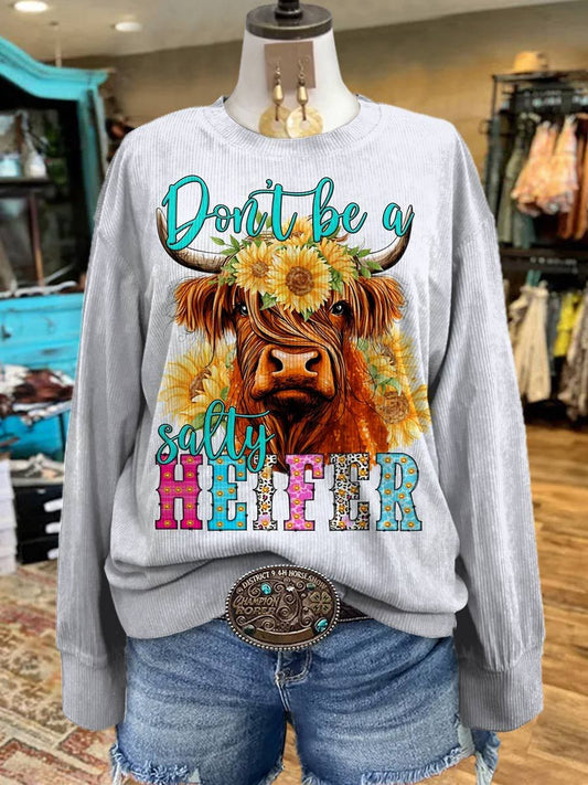 Women's Highland Cow Casual Print Corduroy Sweatshirt