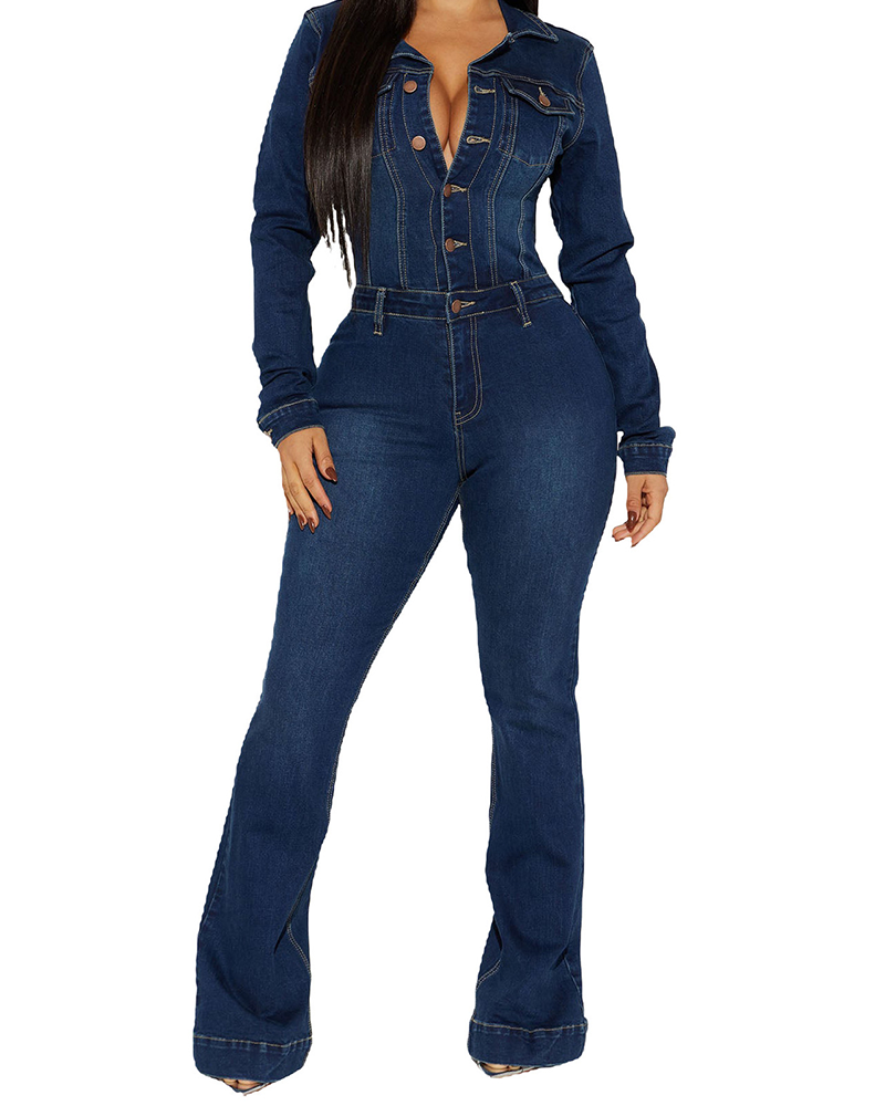 Elastic Flared Denim Jumpsuit