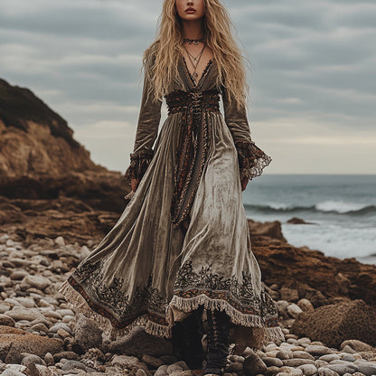 Breezy Bohemian Beach Vacation Autumn And Winter Velvet Ethnic Style Fluttering Dress