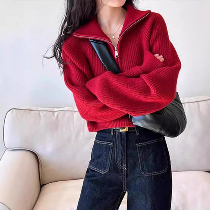 Retro Half Zipper Cropped Bat Sleeve Pullover Sweater Women