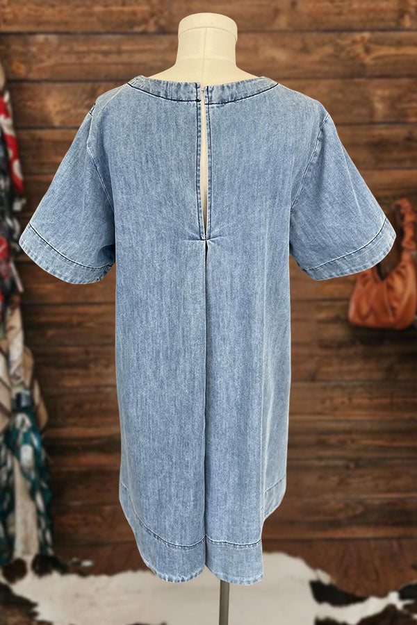 Simple Round Neck Pocket Mini Denim Dress