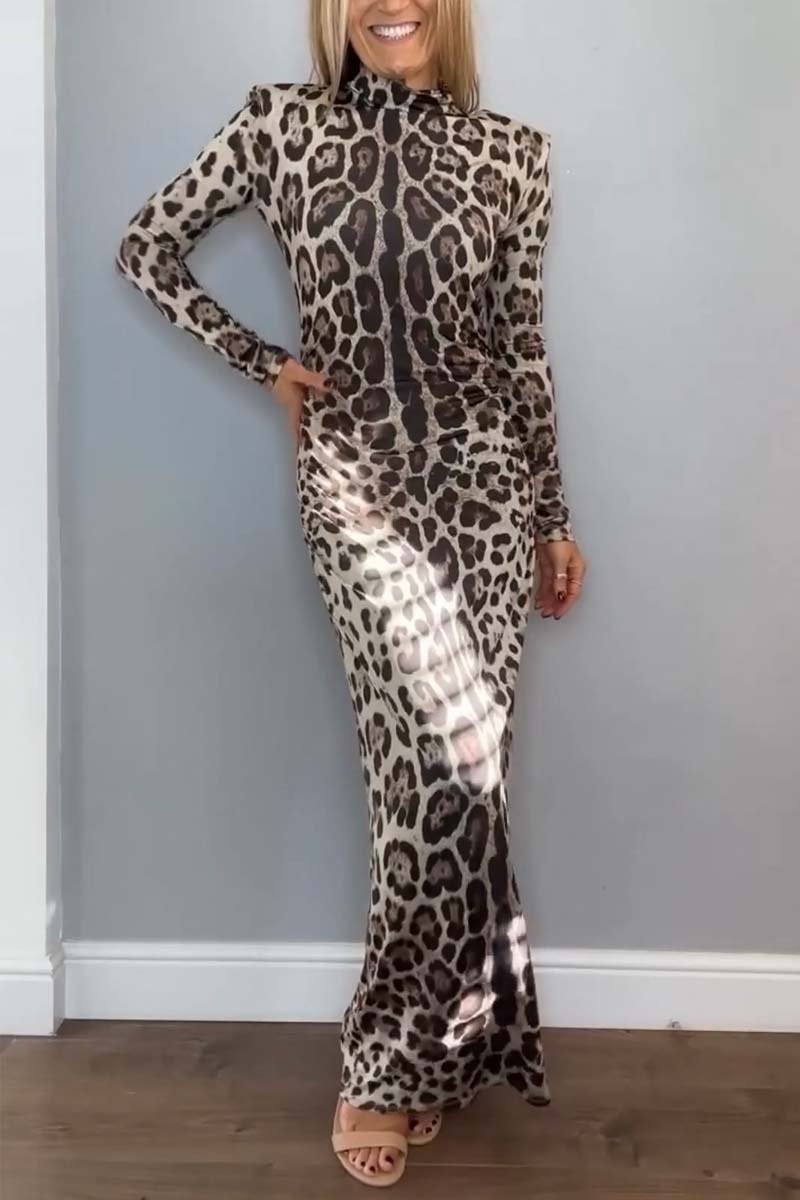 Women's Fashionable Leopard Print Slim Fit Maxi Dress