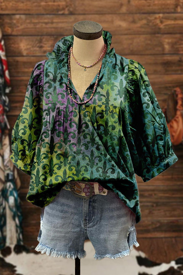 Unique Mardi Gras Print Puff Sleeve Blouse