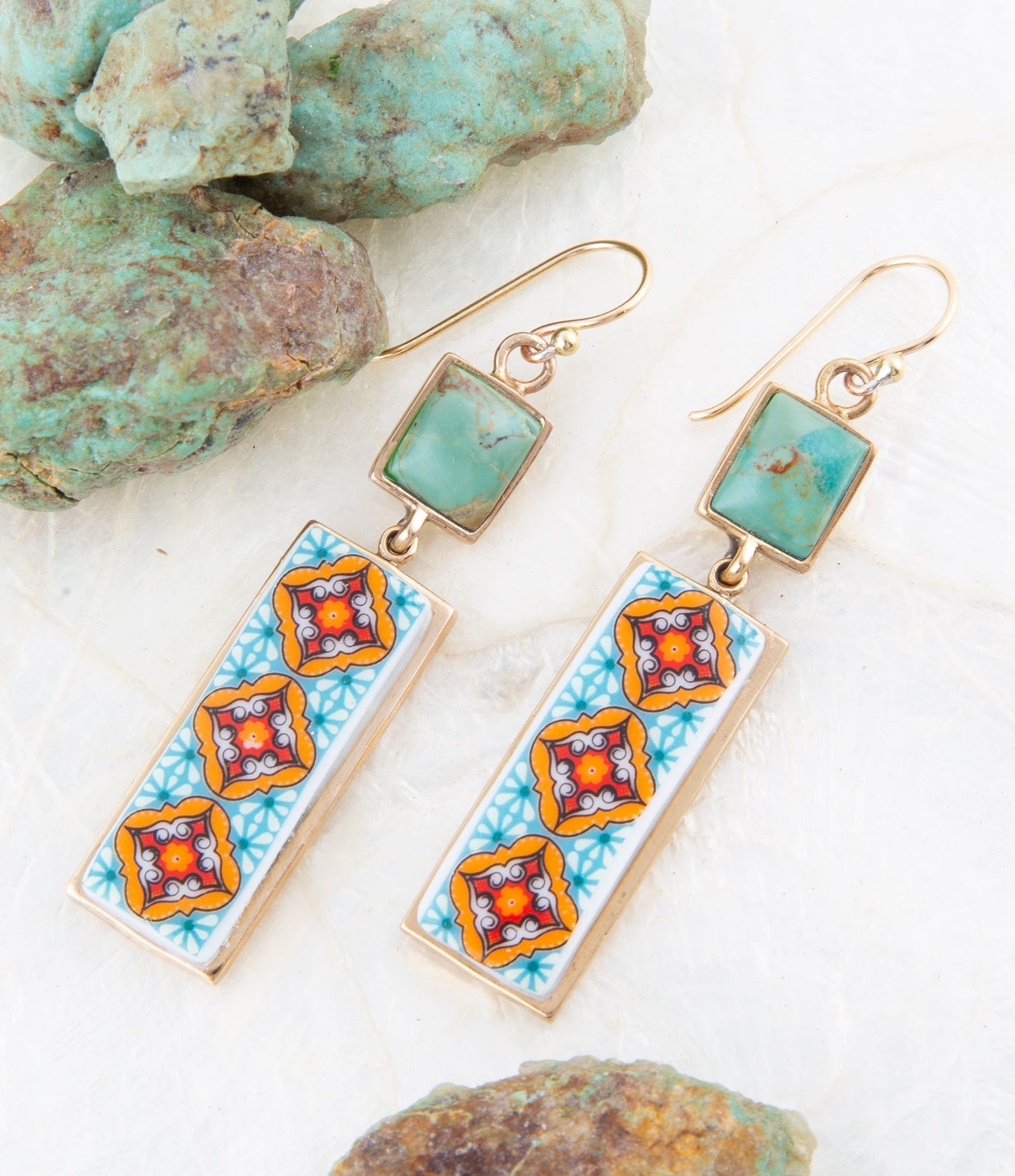 Barse Talavera Tile and Blue Turquoise Golden Dangle Earrings