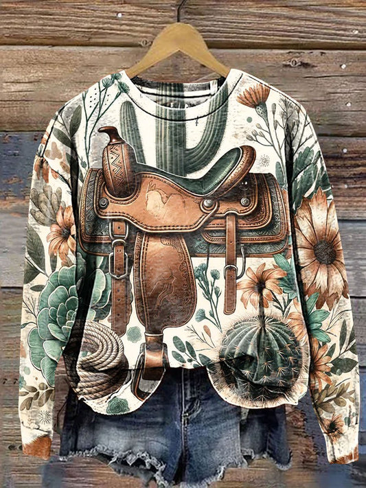 Vintage Western Cactus Art Print Casual Sweatshirt