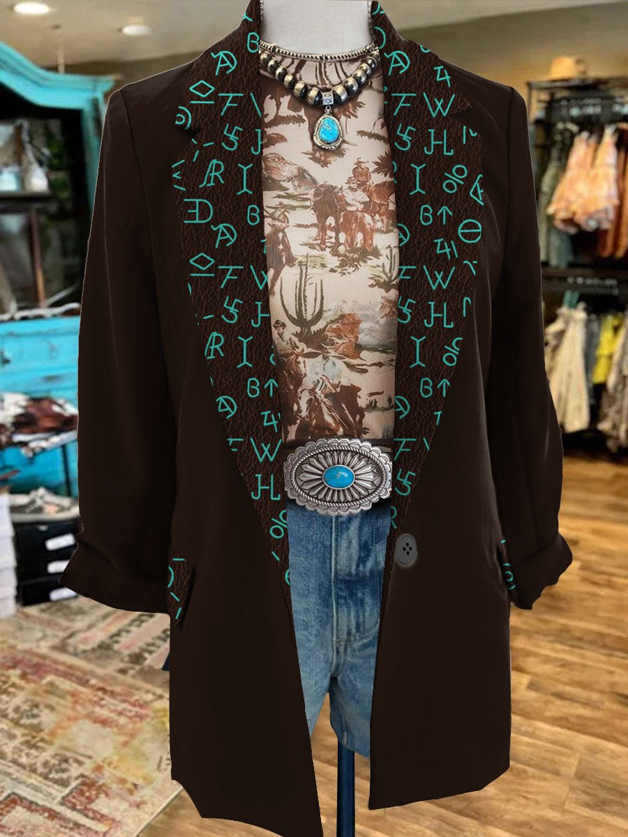 Women's Black Vintage Cattle Branding Print 3/4 Sleeve Casual Blazer