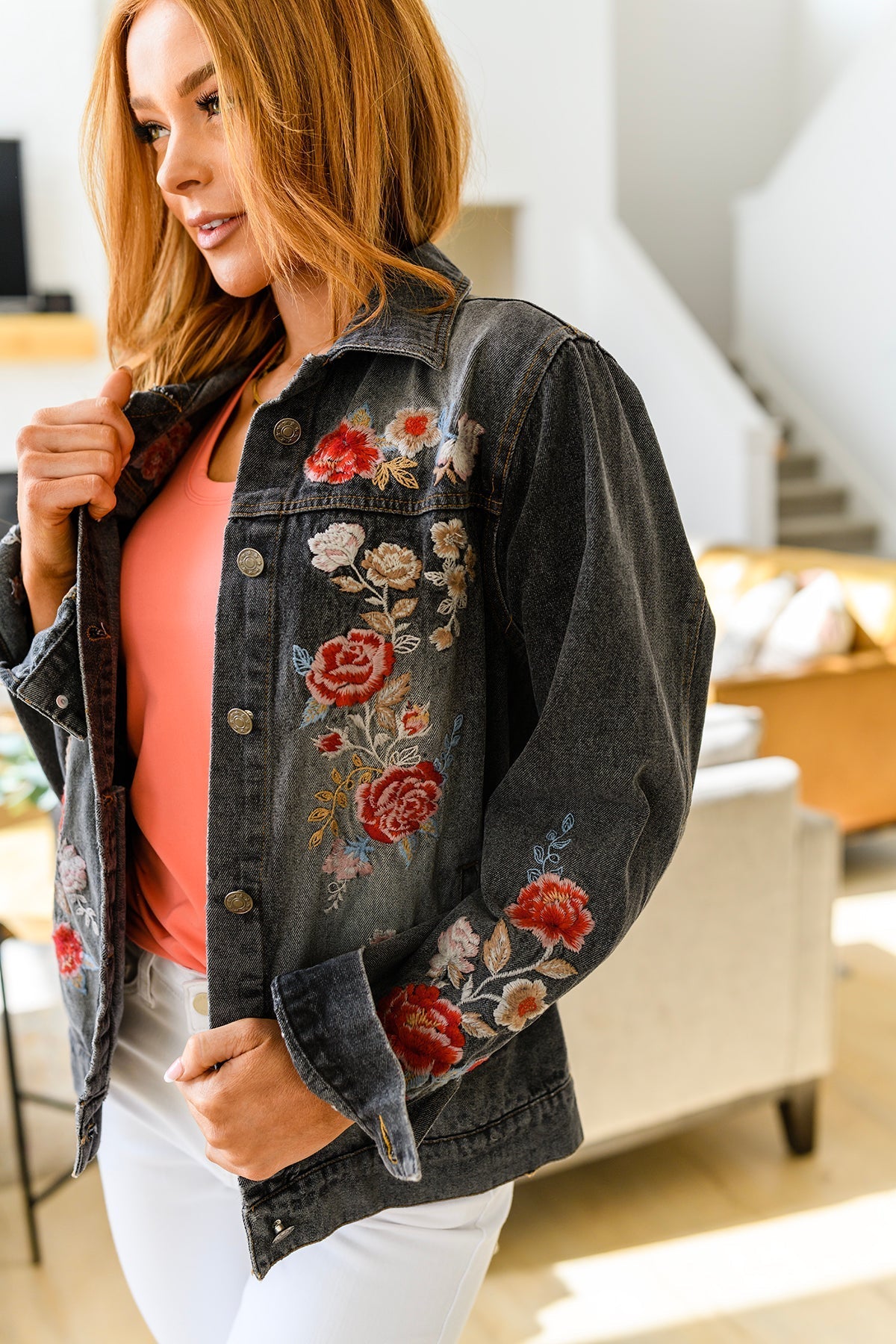 Flower Embroidered  Denim Jacket