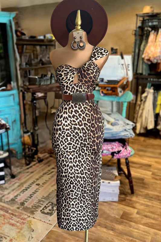 Leopard Print One Shoulder Cutout Dress