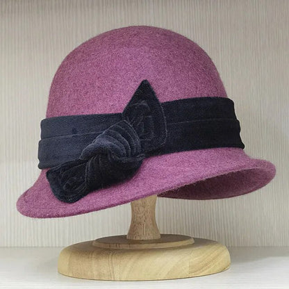 Womens Retro Style Wool Blower Hat Velvet Bow Fedora Hat Curling Brim Cloche Hat Ladies Church Wedding Hat Bucket Hat