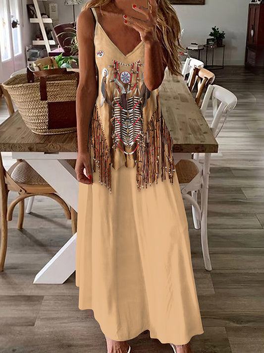 Western Vintage Tribal Tassels Maxi Dress