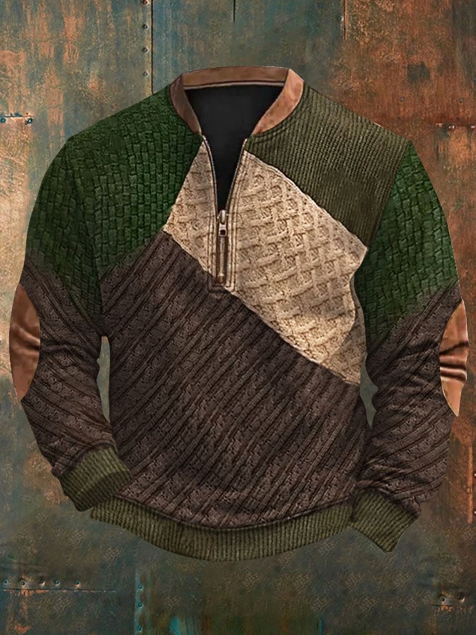 Men's Retro Colorblock Braid Pattern Print Casual Pullover