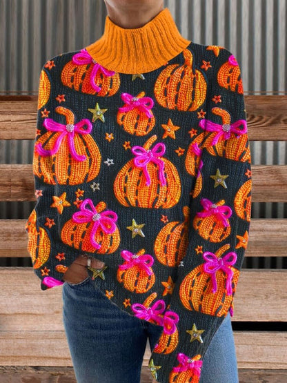 Halloween Print Knit Turtleneck Pullover Sweater