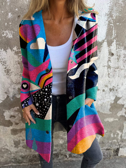 Retro Psychedelic Hippie Print Button Hooded Jacket