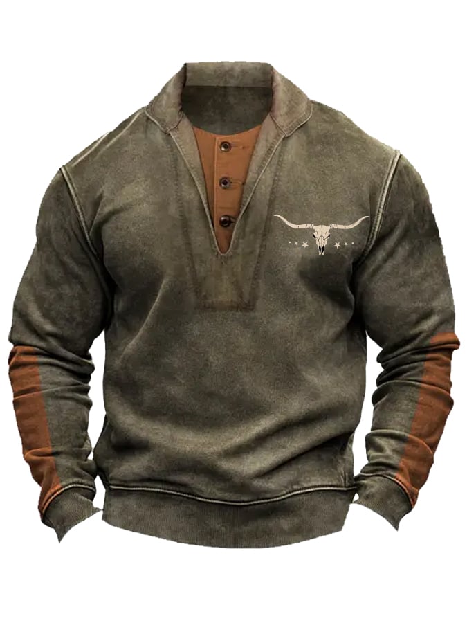 Men's Retro Western Bull Skull Lapel Sweatshirt