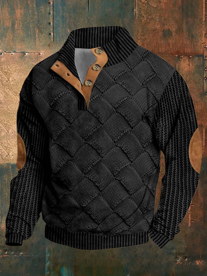 Men's Western Vintage Knitted Patchwork Printed Stand Collar Button Sweatshirt