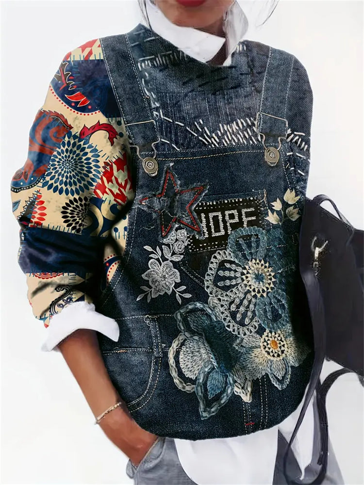 Western Denim Back Print Cozy Sweater