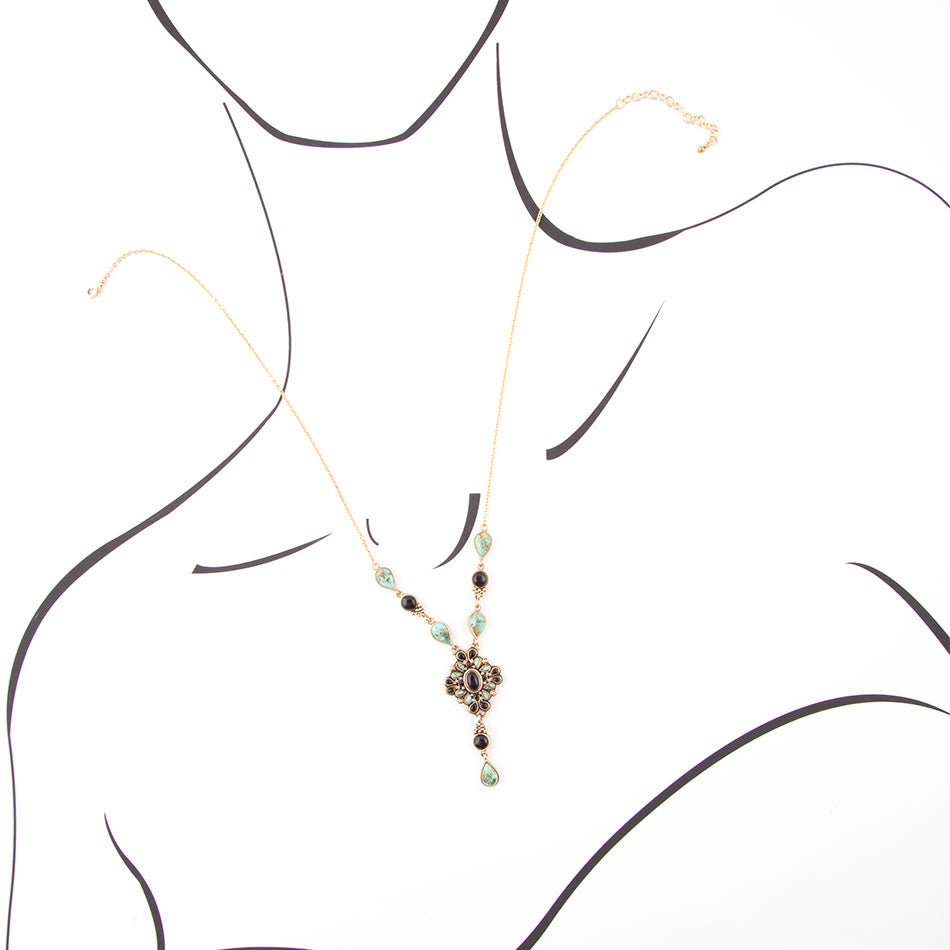 Barse Barcelona Black Onyx and Blue Turquoise Golden Y-Necklace