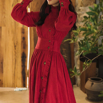 Ethnic Style Red Long Dress French Style Long Sleeve Dress