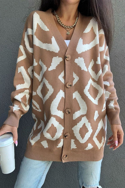 Women's Casual V-neck Printed Knitted Cardigan