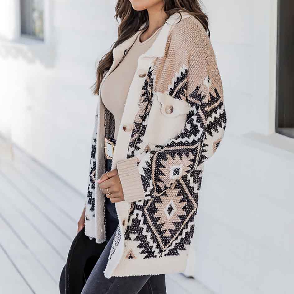 Women's Beige And Black Southwest Print Cardigan