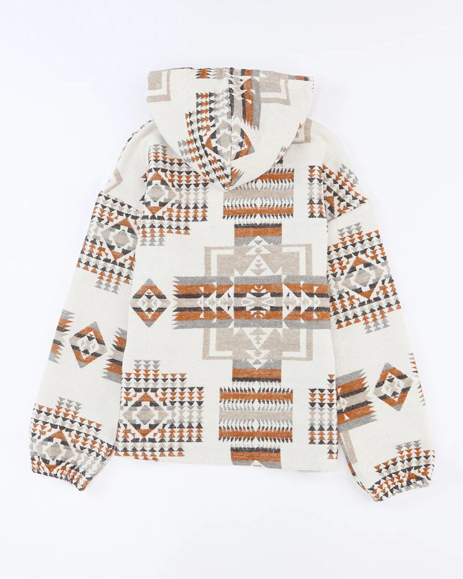 Aledo Ethnic Print Loose Hooded Sweatshirt