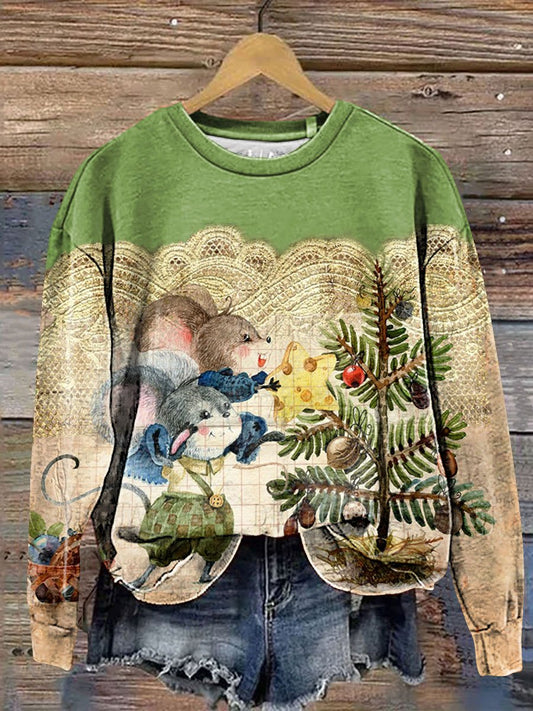 Vintage Christmas Tree Print Casual Sweatshirt