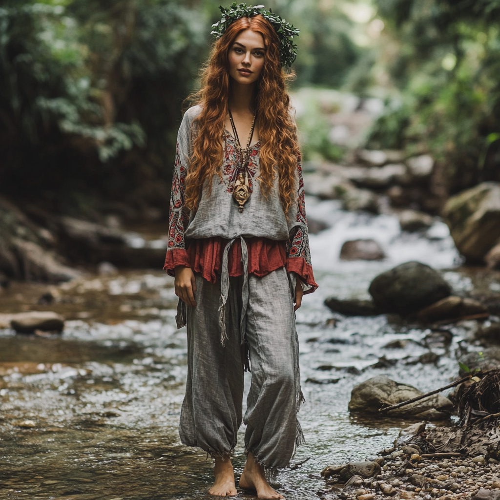 Bohemian Holiday Style Vintage Embroidered Floral Totem Print Casual Top