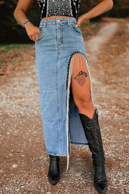 Vintage Washed Rhinestone Tassel Denim Skirt