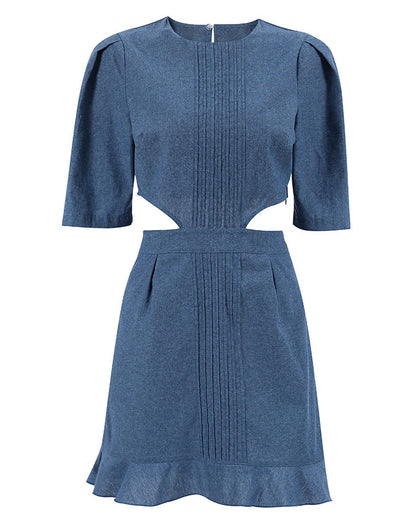 Retro Denim Short-Sleeved Puff Sleeve Hollow A-Line Dress