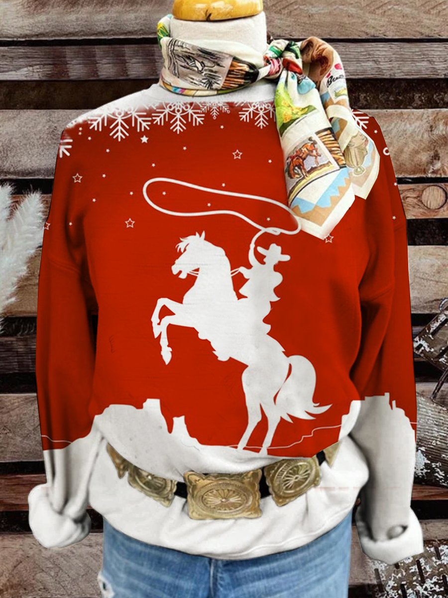 Snowflake Western Cowboy Christmas Print Casual Sweatshirt