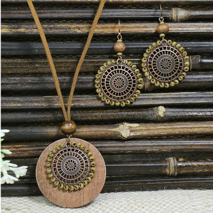 Women's Bohemian Retro Wooden Necklace Earring Set