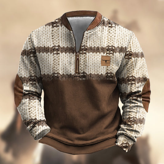 Men's Cashmere Corduroy Vintage Yellowstone Western Longhorn Zipper Stand Collar Color Block Casual Sweatshirt